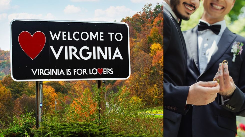 Virginia is for Lovers Sign Gay Couple Holding wedding rings
