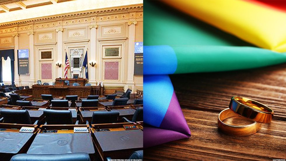 Virginia Legislature and Wedding Rings Next to a Rainbow Flag