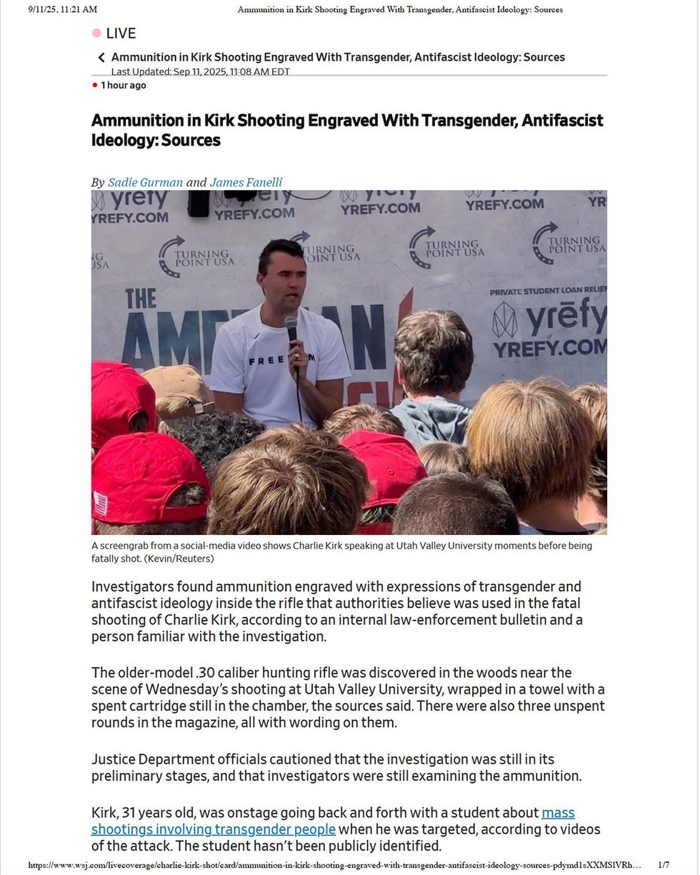 Wall Street Journal quietly walks back false claim Charlie Kirk shooter had pro-trans messages on his bullets