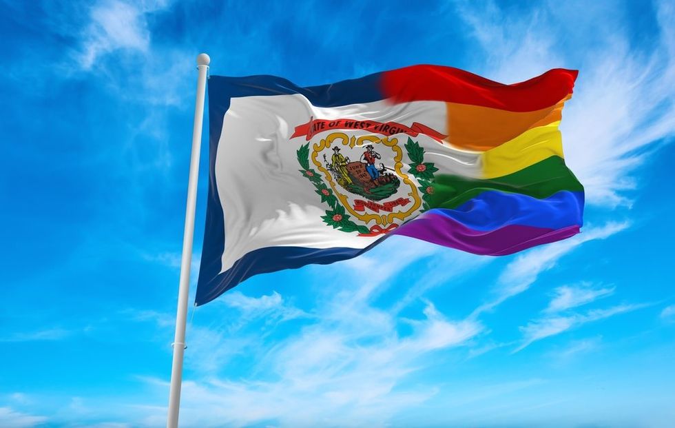 West Virginia stat4e flag with LGBTQ+ flag