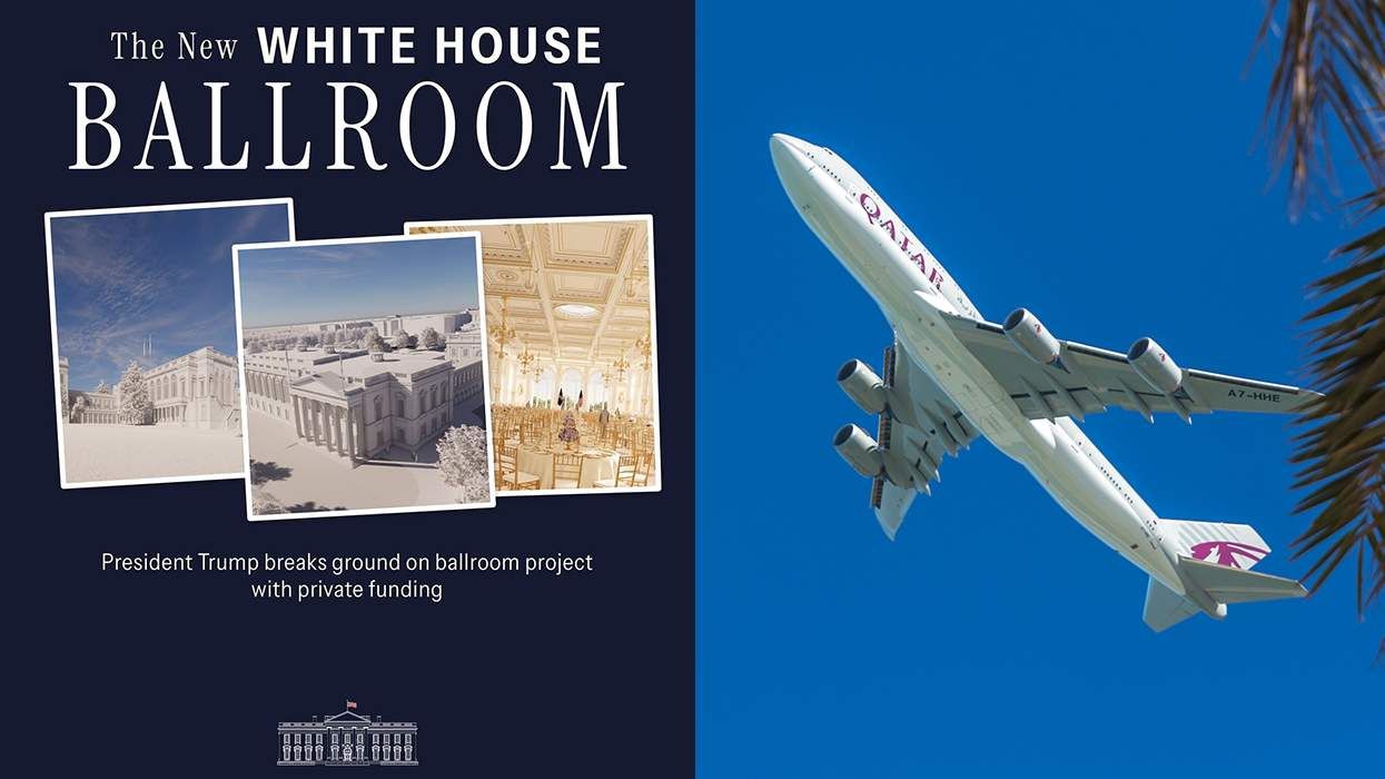white house graphic new ballroom and Qatar airlines boeing 747 jet in the air