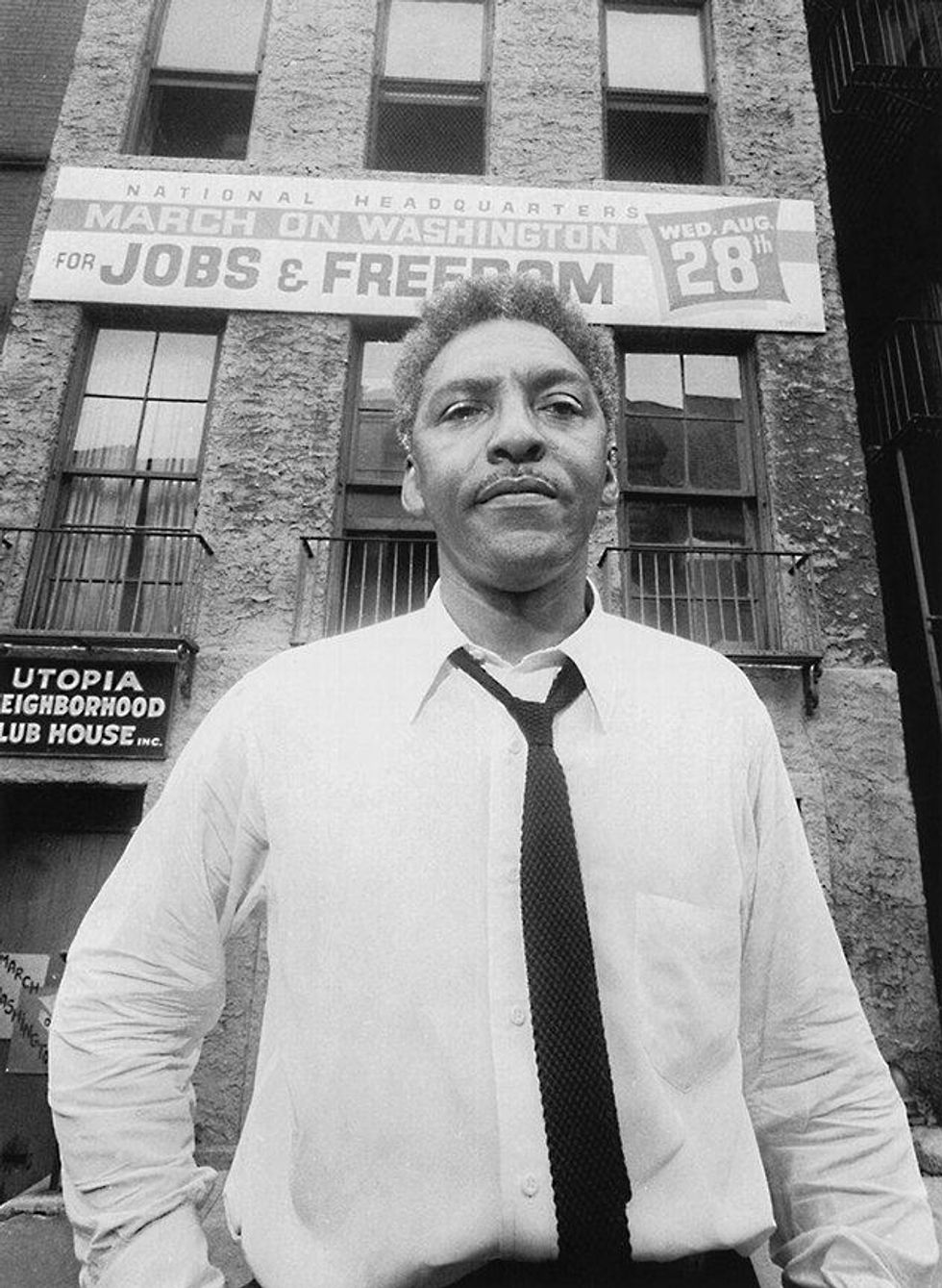 With the March on Washington less than a month away, Rustin poses in front of the National Headquarters office on West 130th Street, New York City, August 1, 1963. Photo: Associated Press/Wide World.