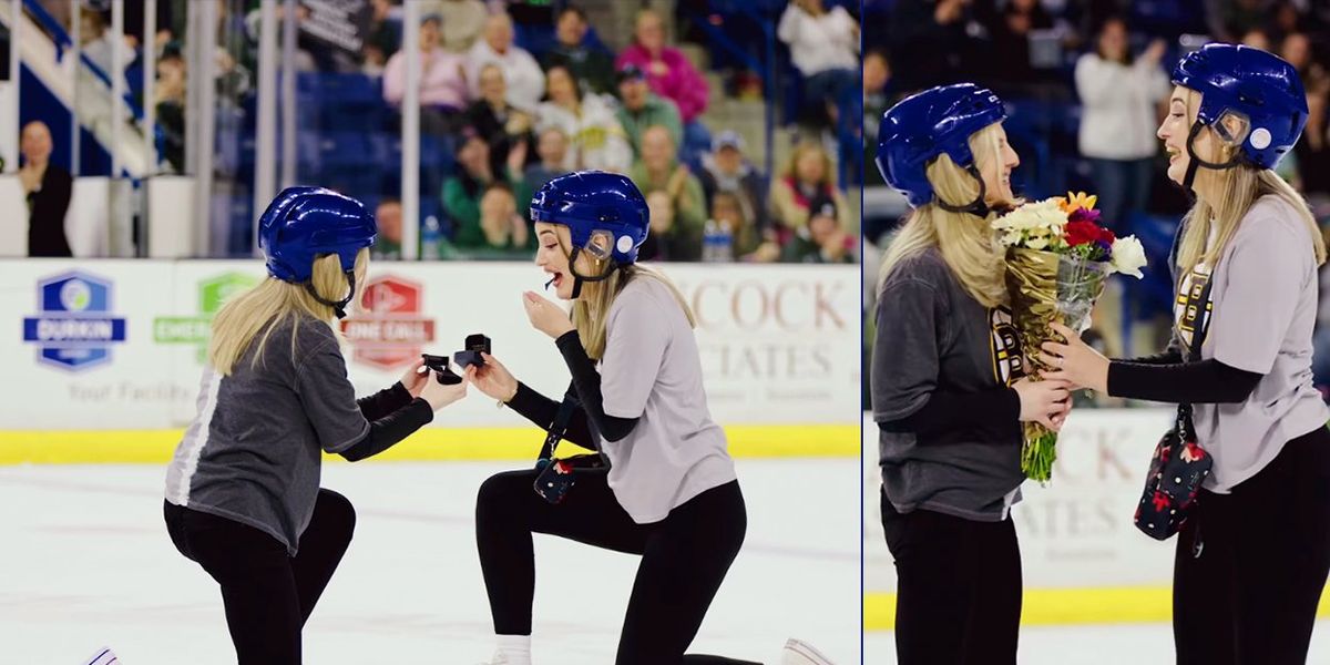 Two women's hockey fans got engaged on the ice in the cutest way