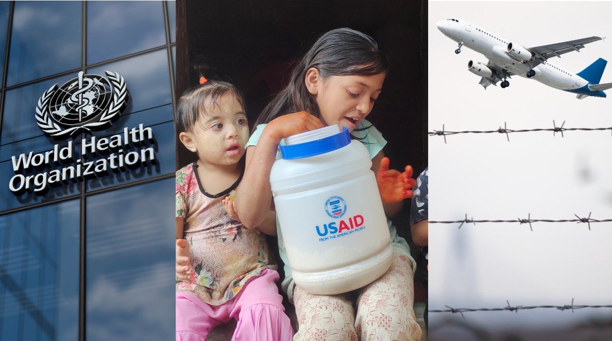 World Health Organization builing (L); Young children eating USAID rations (C); Plane taking off behind barbed wire (R)