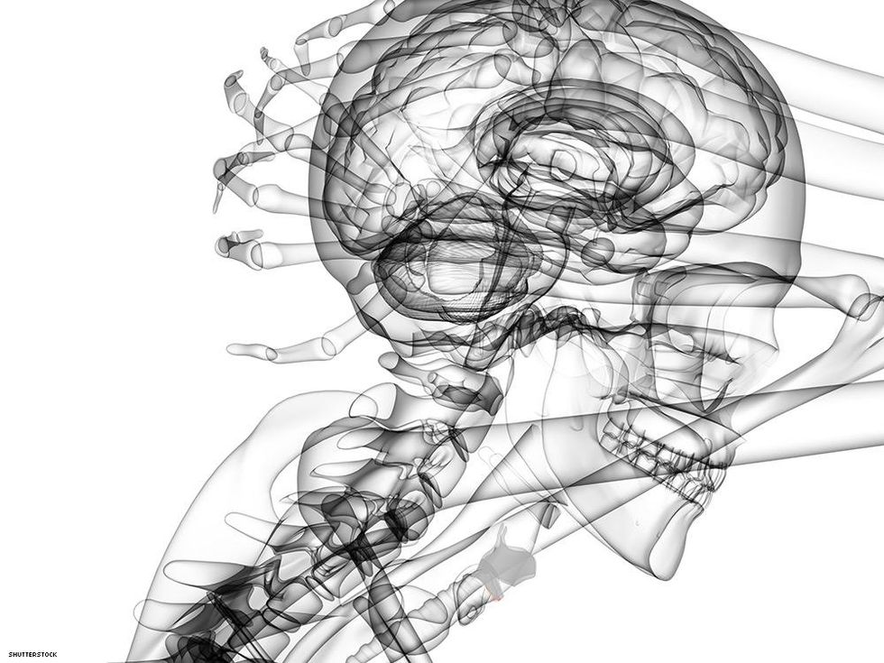 Xray illustration hands relaxing behind head skull face neck