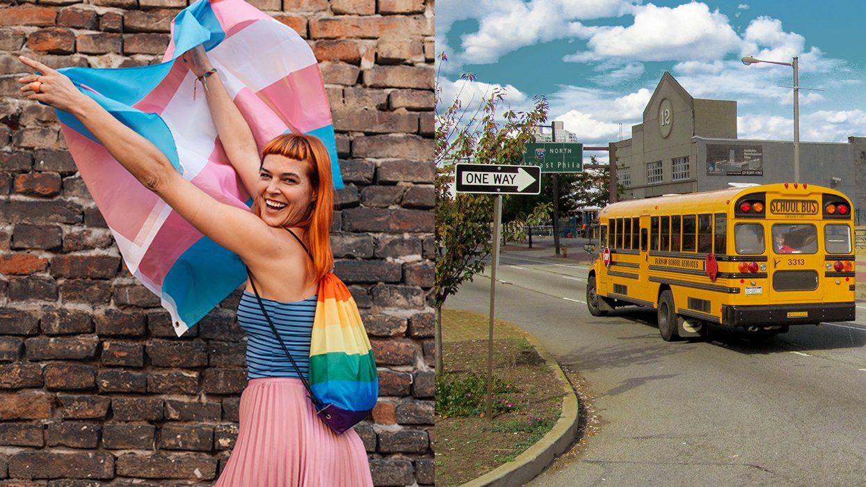 young happy person holding transgender flag with rainbow sports backpack Philadelphia local school bus