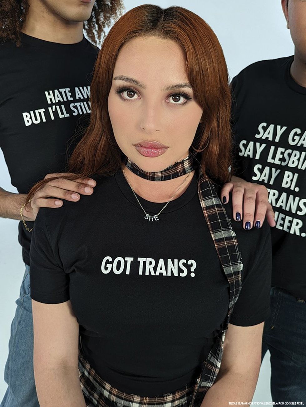 Zoey Luna (center) gazes at the camera. Her t-shirt reads, "Got Trans?"