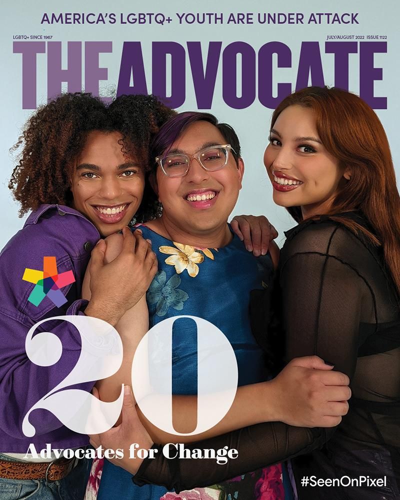 Three lgbtq+ activists embrace each other and smile at the viewer. ADVOCATE cover image