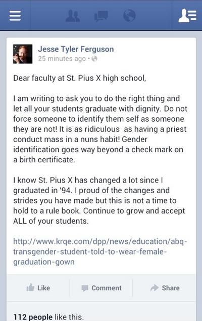Jesse Tyler Ferguson Slams His Former Catholic School for Forcing Trans Teen to Wear Women's Graduation Garb
