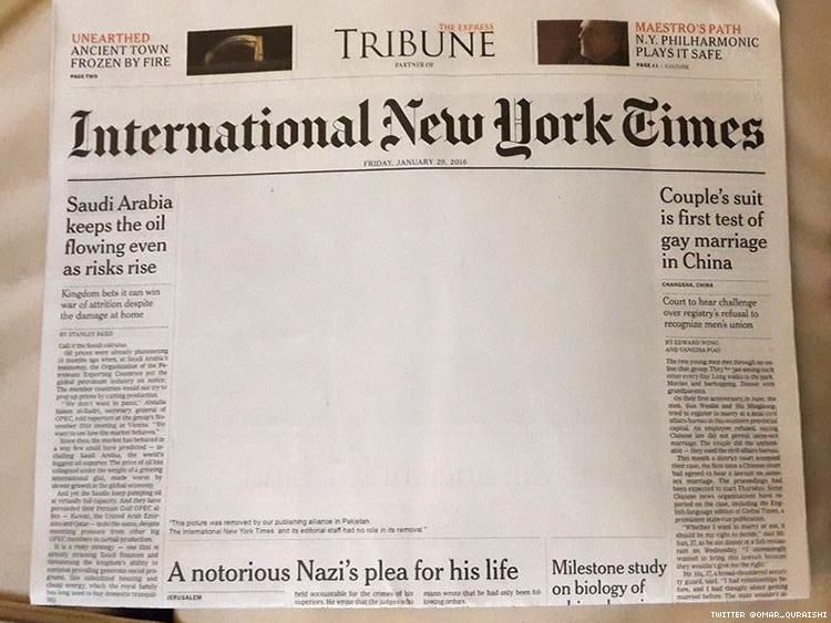 The censored cover of the International New York times in Pakistan
