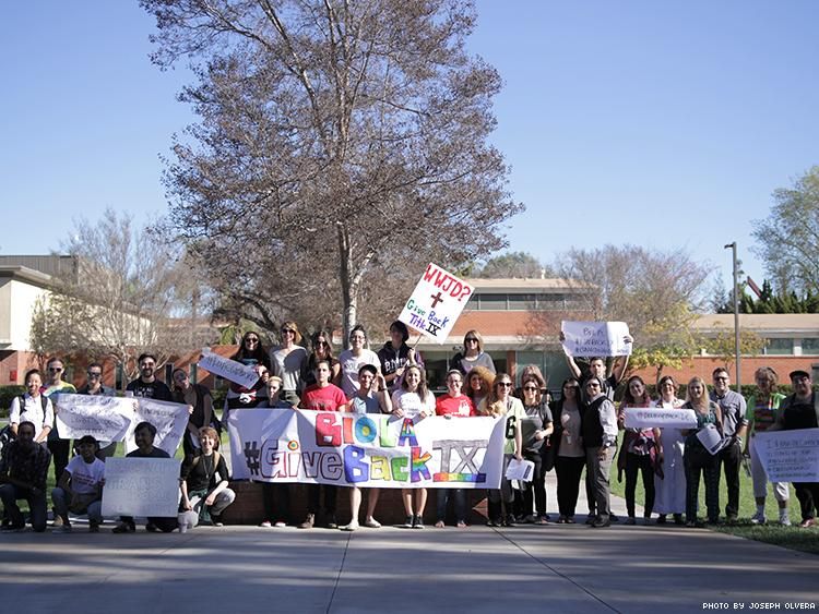 LGBT students, alumni, and allies rally at Biola University in La Mirada, Calif.