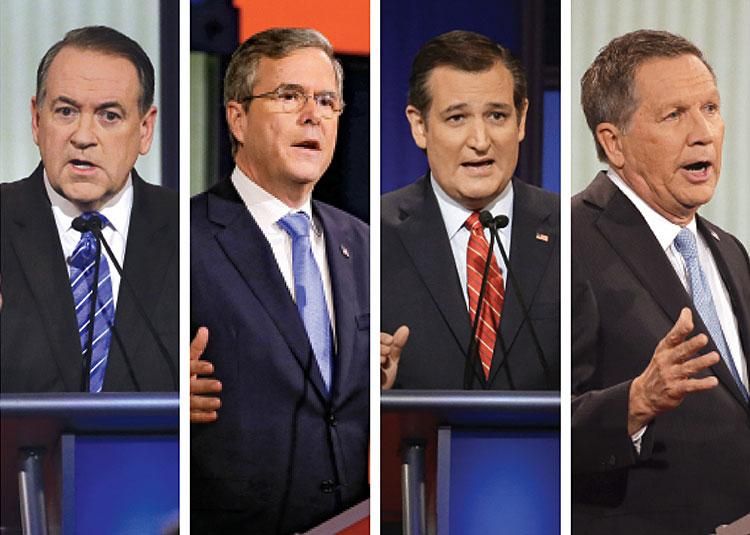 From left: Mike Huckabee, Jeb Bush, Ted Cruz, and John Kasich at a GOP presidential debate in Des Moines, Iowa, on Jan. 28.