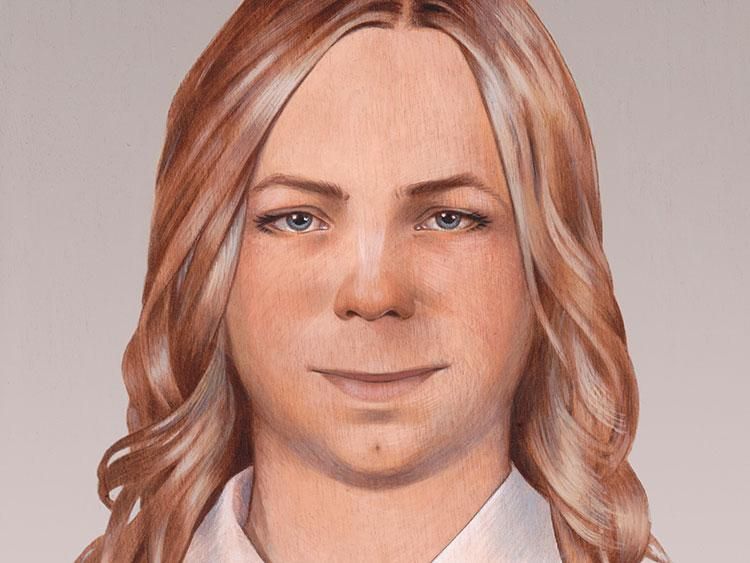 Pencil drawing of Chelsea Manning, a white transgender woman 