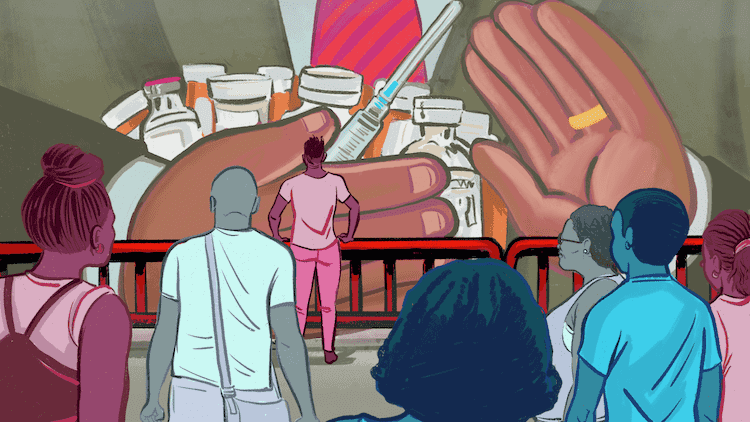 Illustration of people in front of giant person with medicine bottles