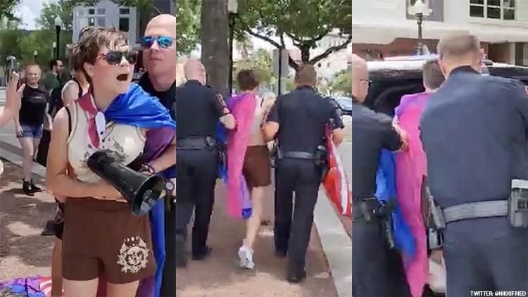 13 year old Lillie "Rain" Johnson being arrested by Lakeland Florida police while wearing a bisexual Pride flag at an abortion rights protest on July 4.