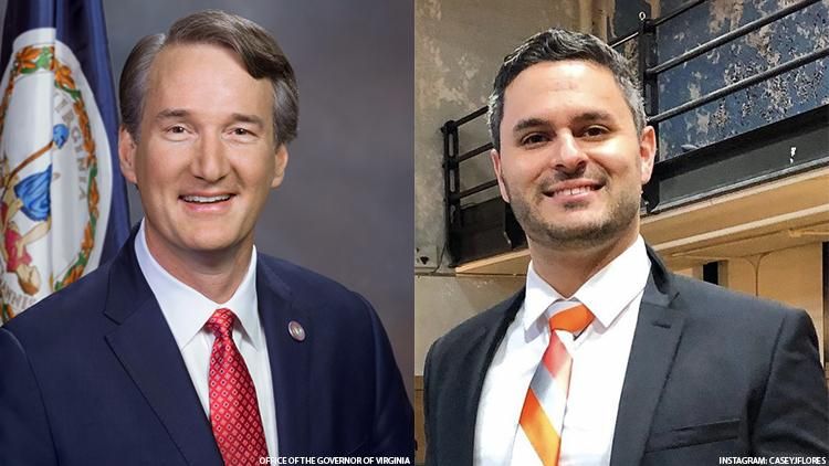 Virginia Governor Glenn Youngkin a Republican is pictured on the left. On the right Casey Flores, a member of the LGBTQ+ advisory board and president of Log Cabin Republicans of Virginia is seen.