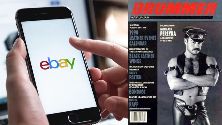 eBay logo on a cellphone screen and the cover of Drummer magazine