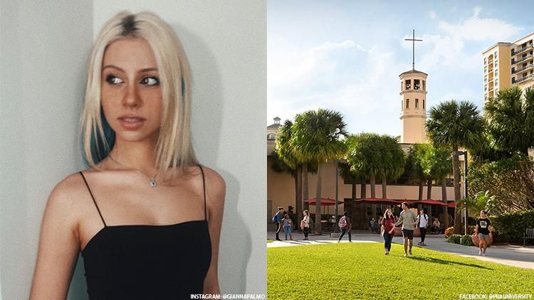 Gianna Palmo next to a photo of Palm Beach Atlantic University if Florida.