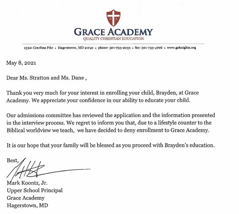 Rejection letter from Grace Academy