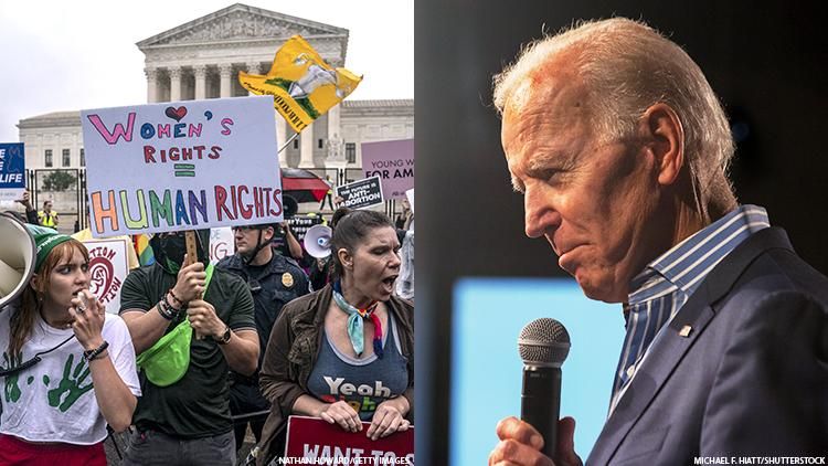 Protesters outside the U.S. Supreme Court reacting to the overturning of Roe v Wade next to President Joseph R. Biden holding a microphone looking emotional