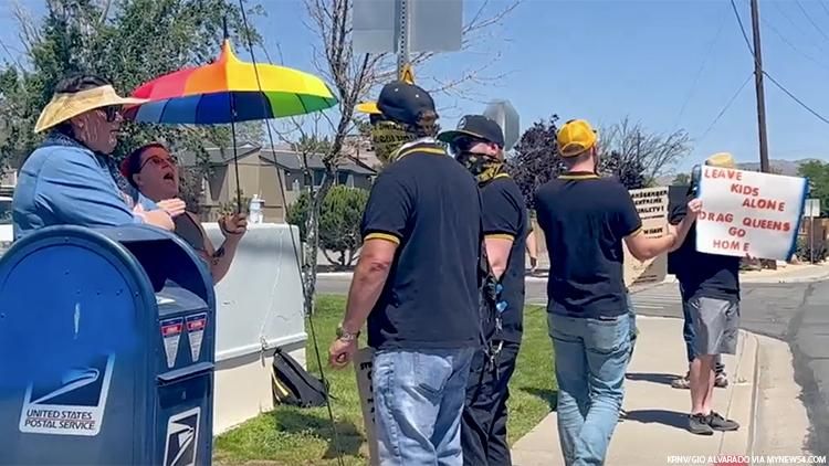 Members of the Proud Boys far-right extremist group protest a drag queen story hour in Nevada