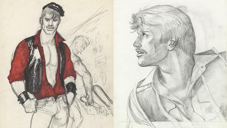 On the left side: a Tom of Finland sketch of a man with a leather hat, and open red shirt. On the right side: a Tom of Finland sketch of a light haired man with a mustache, gazing upward, towards the left.