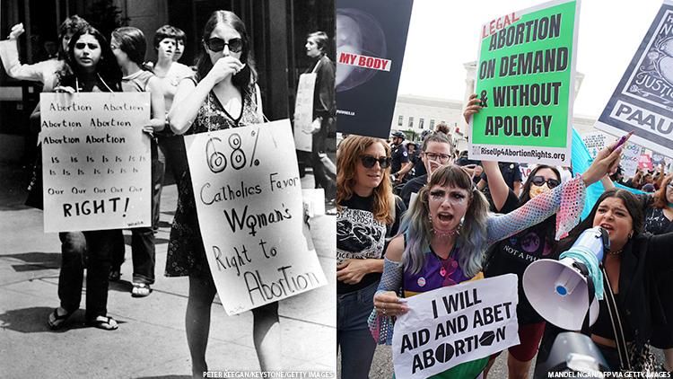 A group of women in a black and white photograph protesting for abortion rights in 1973 and a color photo of women protesting the Supreme Court's decision to overturn Roe v. Wade today