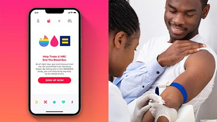 the HRC and Tinder logo are displayed with a drop of blood between them next to a photo of a man of color preparing to give blood 
