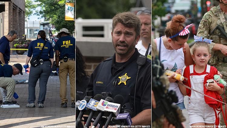 Evidence technicians from the FBI searching after a mass shooting next to Lake County Sheriff's Deputy Chief Christopher Covelli and children reacting to a mass shooting at a july 4 parade.