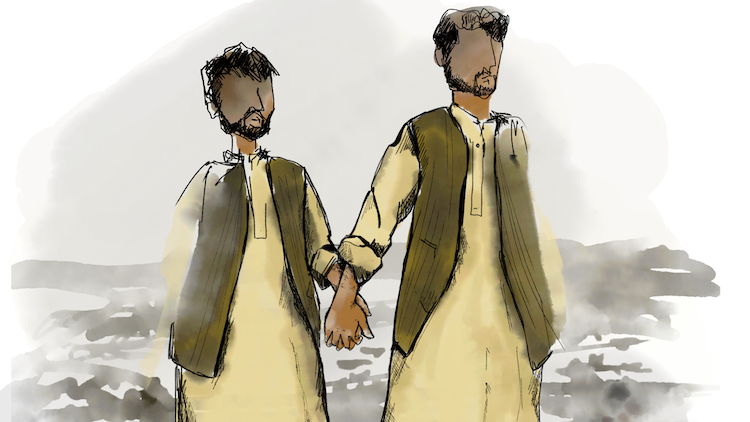 Drawing of two Afghan men holding hands