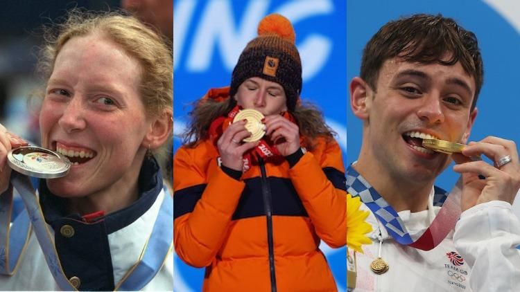 Olympians biting and kissing medals
