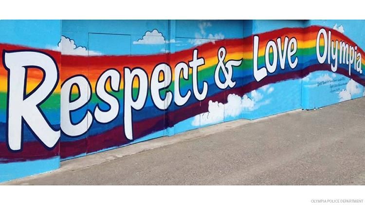 Respect and Love mural on rainbow background in Olympia, Washington.