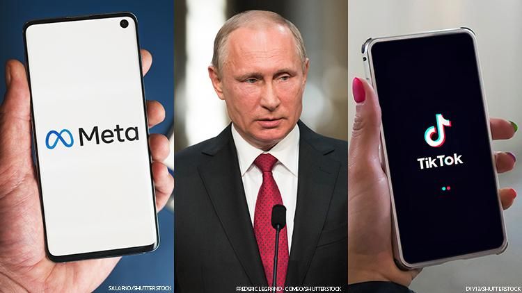 Meta logo, Russian President Vladmir Putin, and TikTok logo