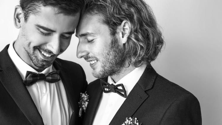 Two grooms holding each other