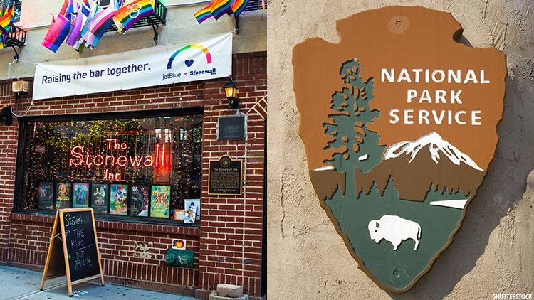 The Stonewall Inn in New York City is shown with rainbow flags in front of the bar. Next to it an image of the National Park Service placard is shown.