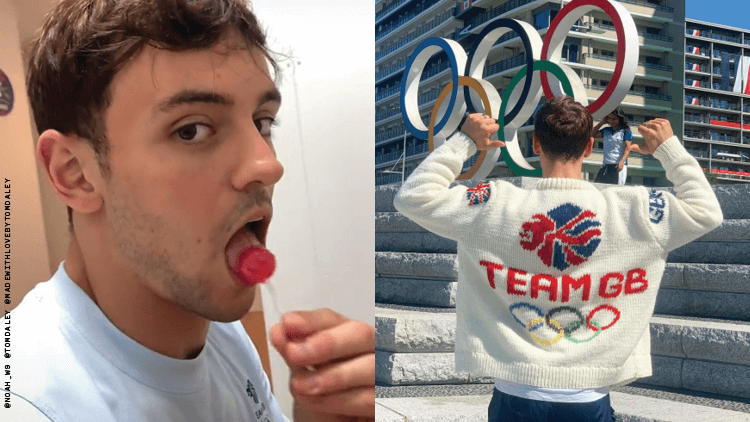 Photos of Tom Daley with a lollipop and him in a cardigan he knitted