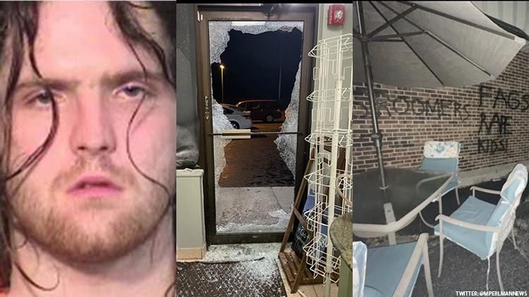 Alleged vandal Joseph I. Collins and the UpRising Bakery and Cafe near Chicago.