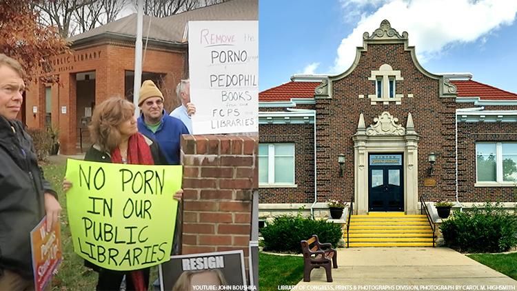 anti lgbtq book protesters next to the Vinton Iowa Public Library