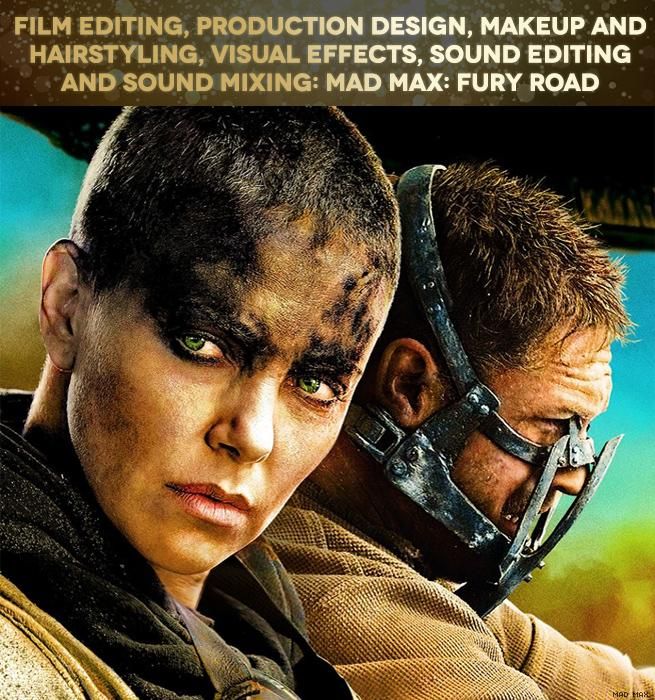Film Editing, Production Design, Makeup and Hairstyling, Visual Effects, Sound Editing and Sound Mixing: Mad Max: Fury Road 