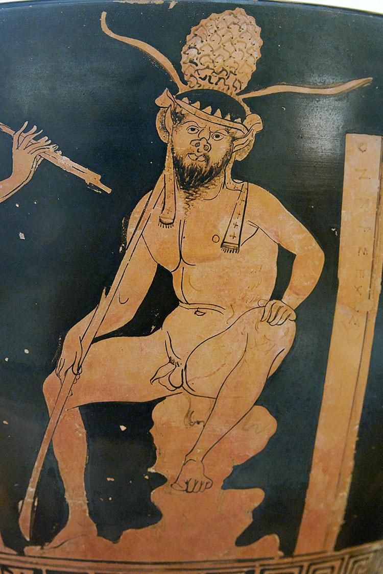 Seated Satyr, attic red-figuri skyphos, 5th century, BC