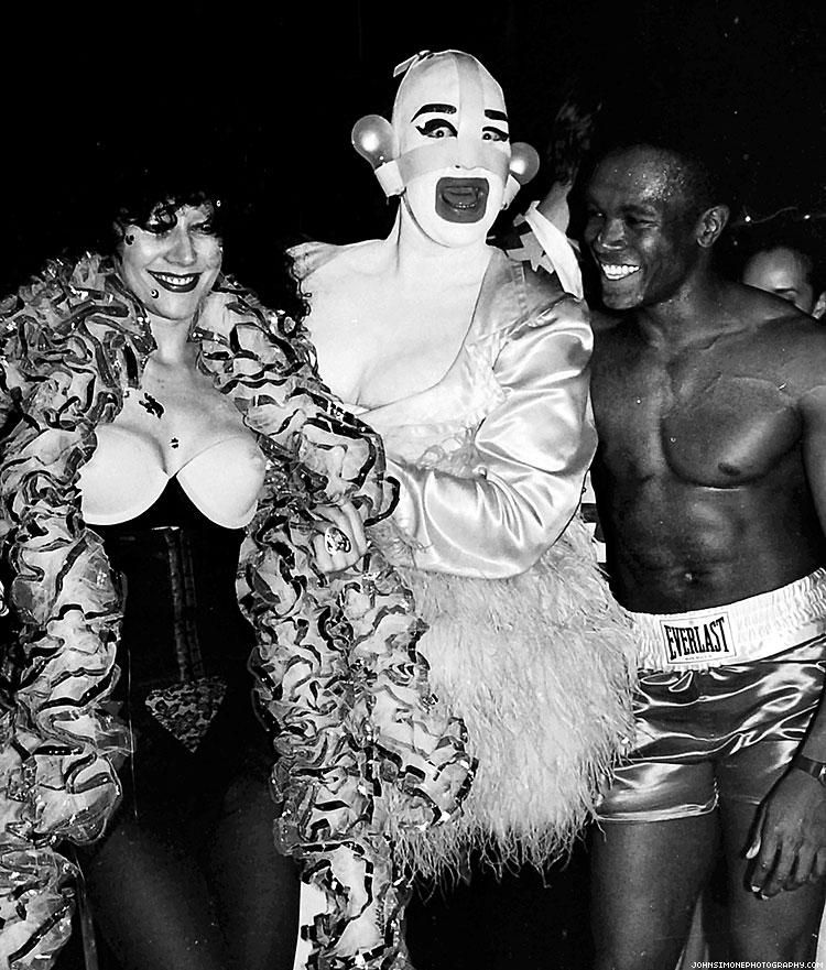 Susanne, Leigh Bowery, and a go-go dancer at Leigh's birthday party at Savage