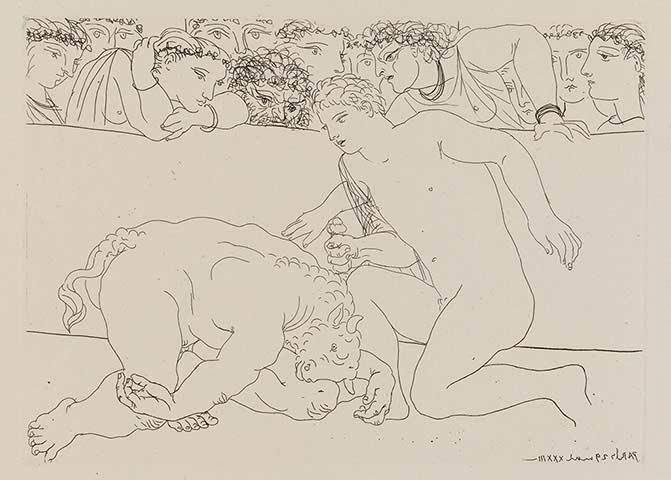 Pablo Picasso, Nude Male Stabbing Neck of Minotaur In an Arena Watched by Spectators; plate 89 of the Vollard Suite, 1933