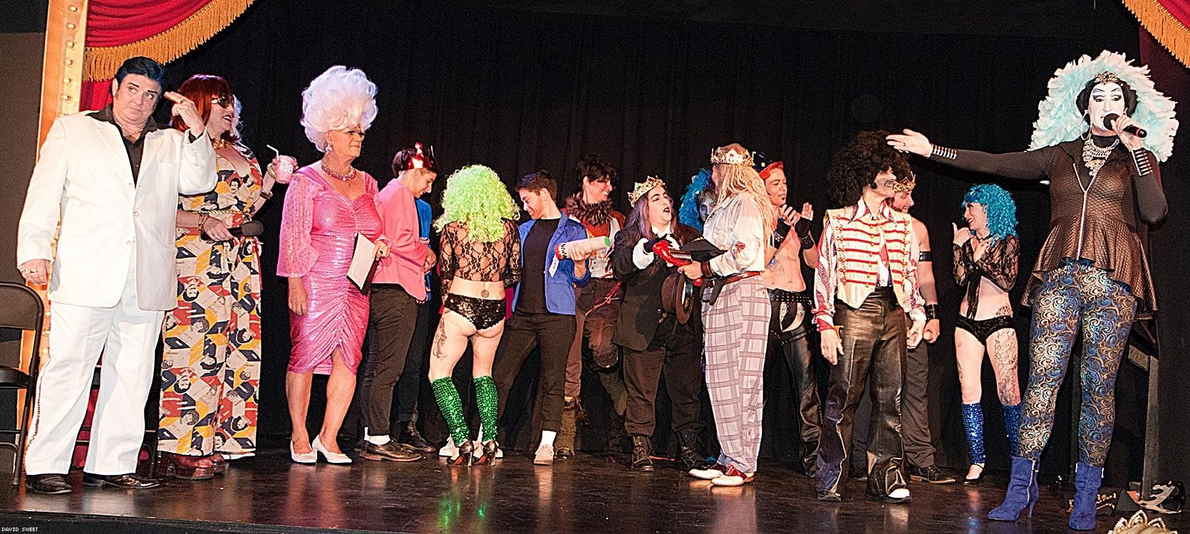 MC's Sister Roma and Fudgie Frottage with the Judges, Leigh Crow, Super Fishal, Mutha Chucka, and the winners and contestants