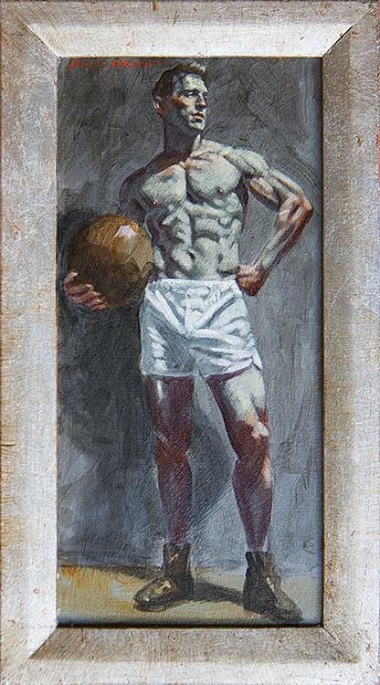 © Mark Beard [Bruce Sargeant (1898-1938)], “Benjamin with Medicine Ball,” n.d., Oil on canvas, 20 x 10 inches, Courtesy of ClampArt, New York City