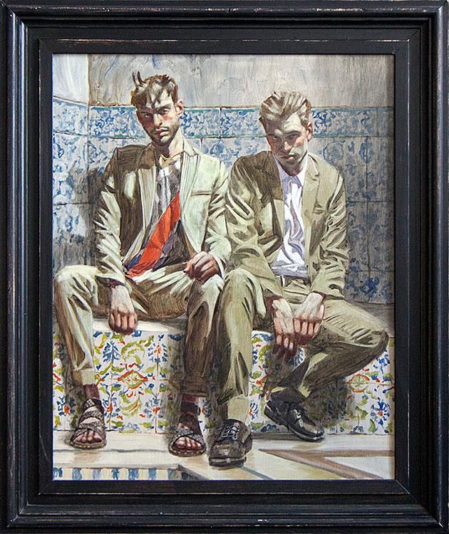 © Mark Beard [Bruce Sargeant (1898-1938)], “Two Men on Painted Tiles,” n.d., Oil on canvas, 30 x 24 inches, Courtesy of ClampArt, New York City