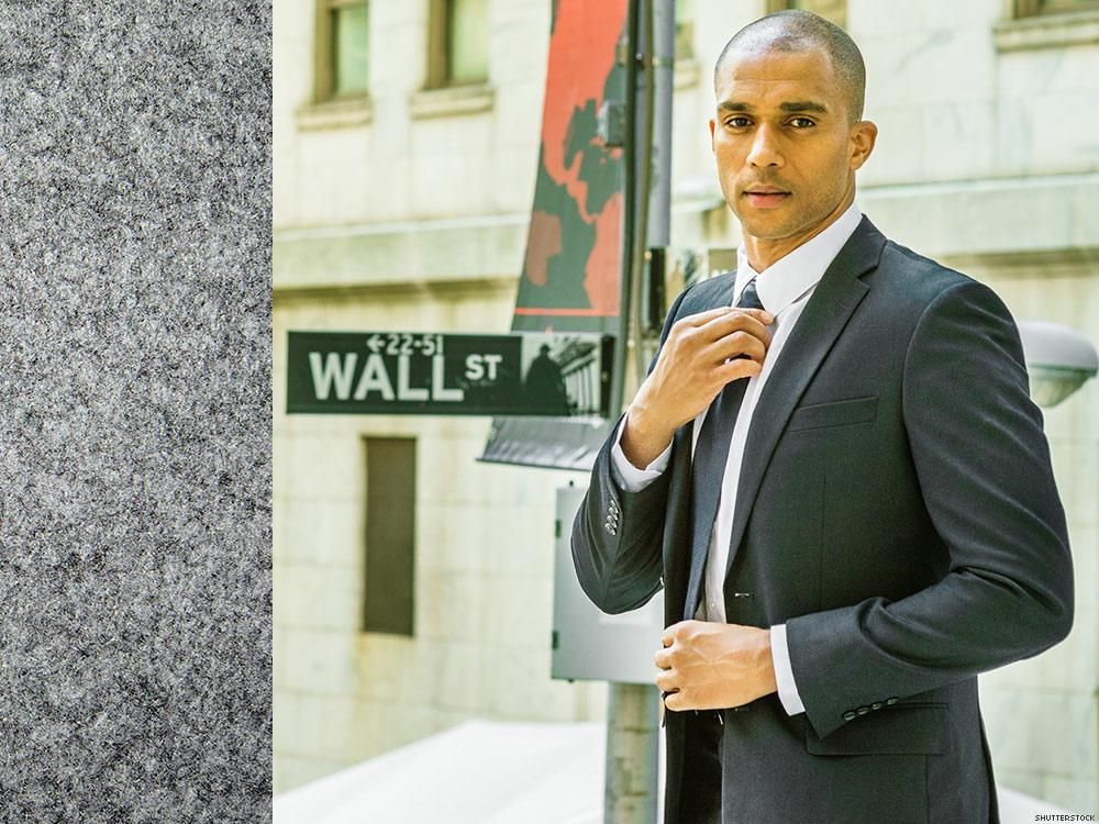 Gray flannel on left = suit-and-tie top. Grey flannel on right = suit-and-tie-loving bottom. 