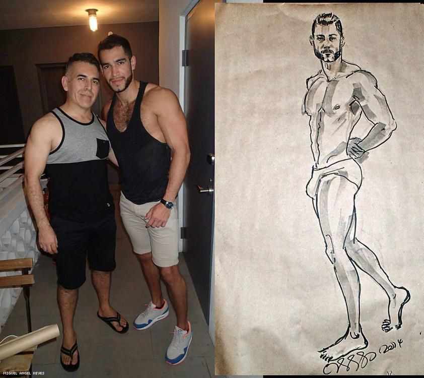 Miguel (left) with his model in Miami, 2014. Meet Miguel at the Tom of Finland Arts and Cultural festival October 6-7. Read more below.