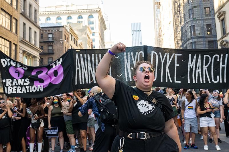 A woman chants during the 30th Annual New York City Dyke March on June 25, 2022. The Dyke March which calls itself a march protest, is a "demonstration of our First Amendment right to protest" according to their website