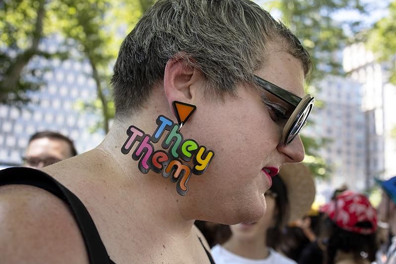 People participate in the Queer Liberation March, a political alternative to the Pride March, which rejects corporate sponsorship and keeps political activism at the forefront, on June 26, 2022 in New York City