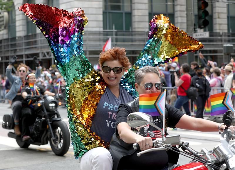 he motorcycle group Dykes on Bikes ride down Market Street during the 52nd Annual San Francisco Pride Parade and Celebration on June 26, 2022
